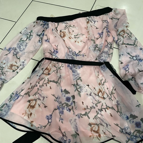 Tiger Mist Pants - Pink floral off the shoulder playsuit with black detailing